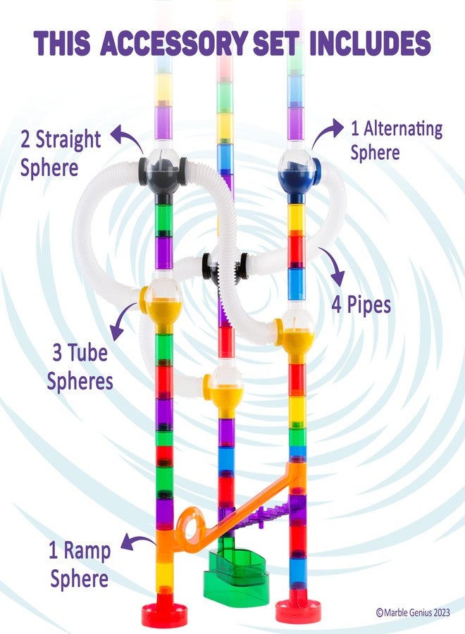 Marble Genius Marble Run Pipe & Sphere Accessory Add-on Set - 10 Pcs Total (4 Pipes, a Ramp, 5 Spheres), Alternating, Straight, & Tubes for Creating Exciting Mazes, Tracks, Runs, and Races - Image 3